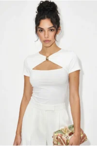 Bianco Lucci Women's Metal Accessories, Low-cut, Body-hugging Blouse 36002 - Image 2