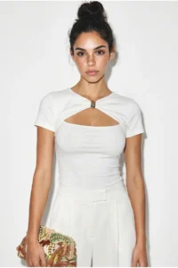 Bianco Lucci Women's Metal Accessories, Low-cut, Body-hugging Blouse 36002 - Image 3