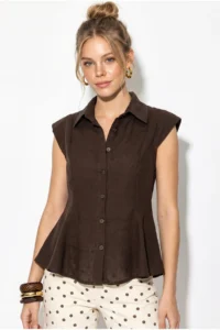 Bianco Lucci Women's 100% Cotton Waist Fitted Flounce Cut Linen Textured Shirt 4735