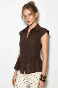 Bianco Lucci Women's 100% Cotton Waist Fitted Flounce Cut Linen Textured Shirt 4735 - Image 2