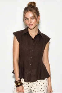 Bianco Lucci Women's 100% Cotton Waist Fitted Flounce Cut Linen Textured Shirt 4735 - Image 3