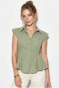 Bianco Lucci Women's 100% Cotton Waist Fitted Flounce Cut Linen Textured Shirt 4735