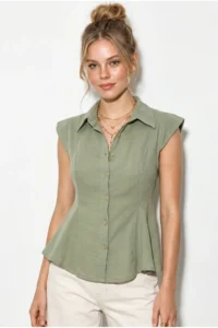 Bianco Lucci Women's 100% Cotton Waist Fitted Flounce Cut Linen Textured Shirt 4735 - Image 2