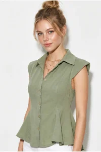 Bianco Lucci Women's 100% Cotton Waist Fitted Flounce Cut Linen Textured Shirt 4735 - Image 3
