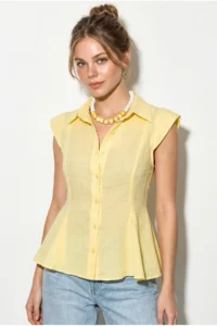 Bianco Lucci Women's 100% Cotton Waist Fitted Flounce Cut Linen Textured Shirt 4735