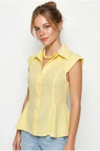 Bianco Lucci Women's 100% Cotton Waist Fitted Flounce Cut Linen Textured Shirt 4735 - Image 2