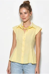 Bianco Lucci Women's 100% Cotton Waist Fitted Flounce Cut Linen Textured Shirt 4735 - Image 3