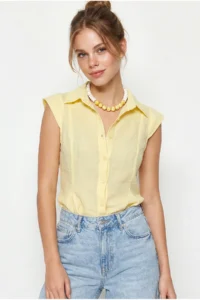 Bianco Lucci Women's 100% Cotton Waist Fitted Flounce Cut Linen Textured Shirt 4735 - Image 4