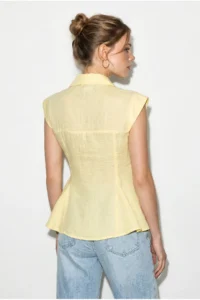 Bianco Lucci Women's 100% Cotton Waist Fitted Flounce Cut Linen Textured Shirt 4735 - Image 5