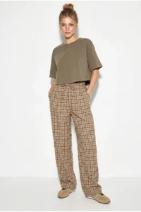 Bianco Lucci Women's Plaid Patterned Wide Leg Trousers with Elastic Waist Tie 20178