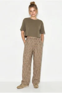 Bianco Lucci Women's Plaid Patterned Wide Leg Trousers with Elastic Waist Tie 20178 - Image 2