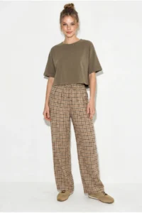 Bianco Lucci Women's Plaid Patterned Wide Leg Trousers with Elastic Waist Tie 20178 - Image 3