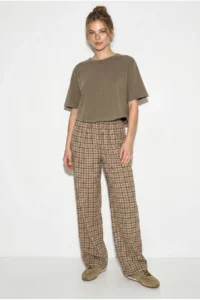 Bianco Lucci Women's Plaid Patterned Wide Leg Trousers with Elastic Waist Tie 20178 - Image 4