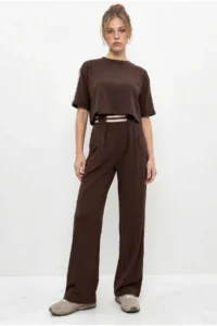Bianco Lucci Women's Stripe Detailed Crop Blouse High Waist Modal Suit 4136 - Image 3