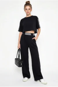Bianco Lucci Women's Stripe Detailed Crop Blouse High Waist Modal Suit 4136