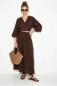 Bianco Lucci Women's Double-breasted Tie-Up Blouse with Gipe Detail Lined Skirt Muslin Cotton Suit 1059 - Image 3