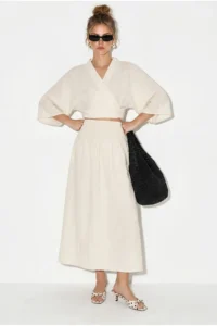Bianco Lucci Women's Double-breasted Tie-Up Blouse with Gipe Detail Lined Skirt Muslin Cotton Suit 1059