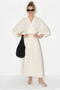 Bianco Lucci Women's Double-breasted Tie-Up Blouse with Gipe Detail Lined Skirt Muslin Cotton Suit 1059 - Image 2
