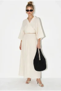 Bianco Lucci Women's Double-breasted Tie-Up Blouse with Gipe Detail Lined Skirt Muslin Cotton Suit 1059 - Image 3