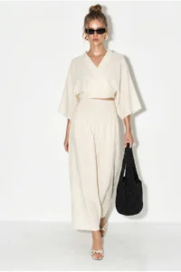 Bianco Lucci Women's Double-breasted Tie-Up Blouse with Gipe Detail Lined Skirt Muslin Cotton Suit 1059 - Image 4