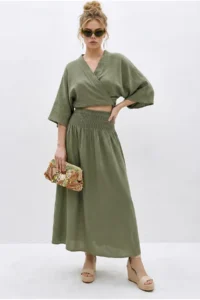 Bianco Lucci Women's Double-breasted Tie-Up Blouse with Gipe Detail Lined Skirt Muslin Cotton Suit 1059 - Image 2