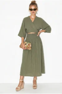 Bianco Lucci Women's Double-breasted Tie-Up Blouse with Gipe Detail Lined Skirt Muslin Cotton Suit 1059 - Image 3