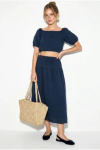 Bianco Lucci Women's Balloon Sleeve Crop Blouse with Tie Detail Cotton Muslin Skirt Suit YC2728 - Image 2