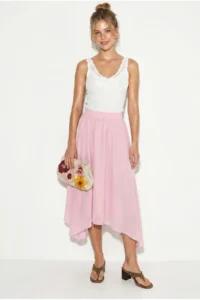 Bianco Lucci Women's 100% Cotton Elastic Waist Lined Asymmetrical Cut Muslin Crinkle Skirt 4761