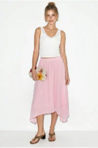 Bianco Lucci Women's 100% Cotton Elastic Waist Lined Asymmetrical Cut Muslin Crinkle Skirt 4761 - Image 2