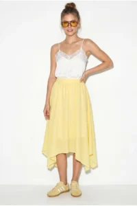 Bianco Lucci Women's 100% Cotton Elastic Waist Lined Asymmetrical Cut Muslin Crinkle Skirt 4761