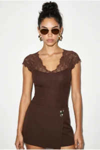 Bianco Lucci Women's Lace V-neck Bodycon Blouse 36012