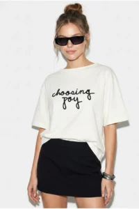 Bianco Lucci Women's Embroidered Text Embroidered Boat Neck T-Shirt