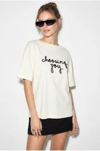 Bianco Lucci Women's Embroidered Text Embroidered Boat Neck T-Shirt - Image 3