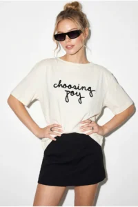 Bianco Lucci Women's Embroidered Text Embroidered Boat Neck T-Shirt - Image 4