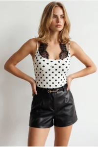 Olalook Women's Polka Dot White Strappy Lace Garnished Jersey Bodysuit - Image 2
