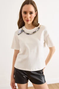 Olalook Women's White Scarf Chain Garnished Soild Cotton Blouse
