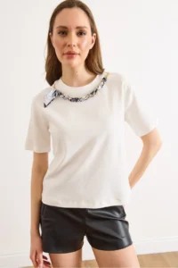 Olalook Women's White Scarf Chain Garnished Soild Cotton Blouse - Image 2