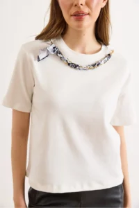 Olalook Women's White Scarf Chain Garnished Soild Cotton Blouse - Image 3