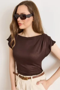 Olalook Women's Brown Back Lace Shoulder Drape Detailed Transparent Blouse