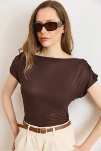 Olalook Women's Brown Back Lace Shoulder Drape Detailed Transparent Blouse - Image 2