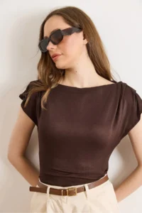 Olalook Women's Brown Back Lace Shoulder Drape Detailed Transparent Blouse - Image 3