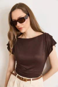 Olalook Women's Brown Back Lace Shoulder Drape Detailed Transparent Blouse - Image 4