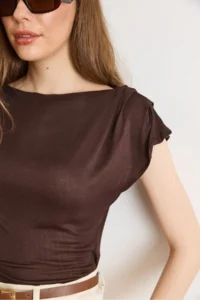 Olalook Women's Brown Back Lace Shoulder Drape Detailed Transparent Blouse - Image 5