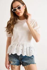 Olalook Women's White Sleeve Skirt Scallop Detailed Cotton Blouse
