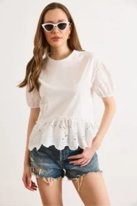 Olalook Women's White Sleeve Skirt Scallop Detailed Cotton Blouse - Image 2