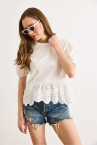 Olalook Women's White Sleeve Skirt Scallop Detailed Cotton Blouse - Image 3