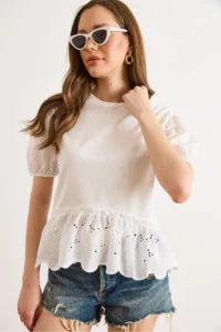 Olalook Women's White Sleeve Skirt Scallop Detailed Cotton Blouse - Image 4