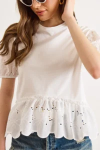 Olalook Women's White Sleeve Skirt Scallop Detailed Cotton Blouse - Image 5