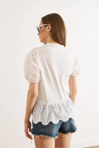 Olalook Women's White Sleeve Skirt Scallop Detailed Cotton Blouse - Image 6
