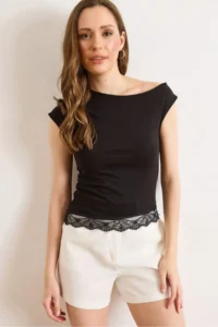 Olalook Women's Black One-Shoulder Lace Detailed Jersey Blouse